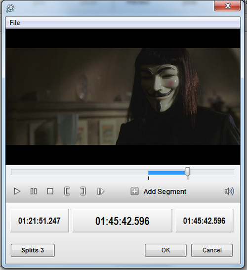 Окно Video Splitter в Video to Video Converter с отмеченными сегментами