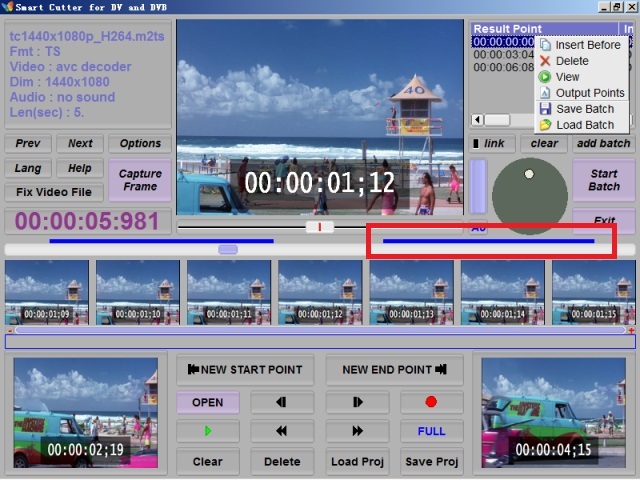 Отмеченный сегмент видео на шкале Smart Cutter for DV and DVB