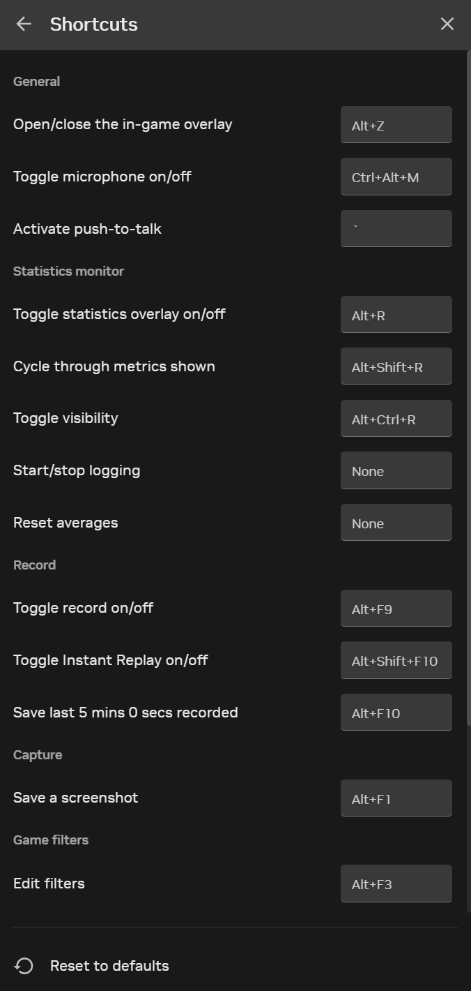 Раздел Shortcuts в NVIDIA Overlay с горячими клавишами записи и Instant Replay