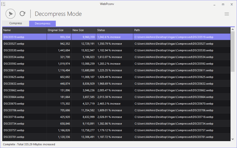 Интерфейс Boldright WebPconv 6.0 в режиме Decompress с таблицей WebP-файлов
