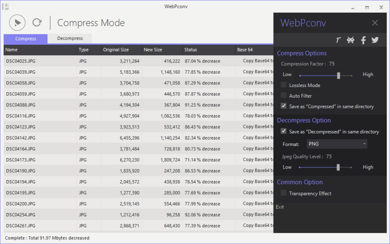 Панель настроек Boldright WebPconv 6.0 с параметрами Compress и Decompress