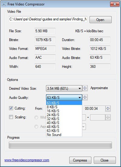 Free Video Compressor со списком Audio Quality и пунктом No Sound