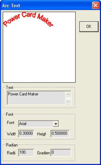 Диалог Arc Text в Power Card Maker 5.20 с дуговой надписью и настройками шрифта