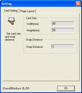 Окно Setting в Power Card Maker 5.20 с настройкой размера карточки в миллиметрах и привязки