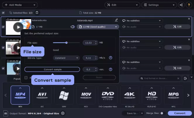 Настройка целевого размера и кнопка Convert sample в Movavi Video Converter