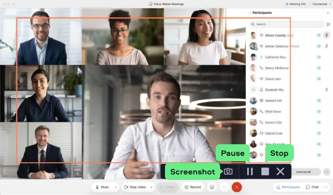 Панель Movavi Screen Recorder во время записи с кнопками Pause, Screenshot и Stop