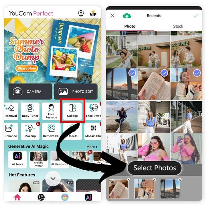 Главный экран YouCam Perfect и переход к созданию коллажа