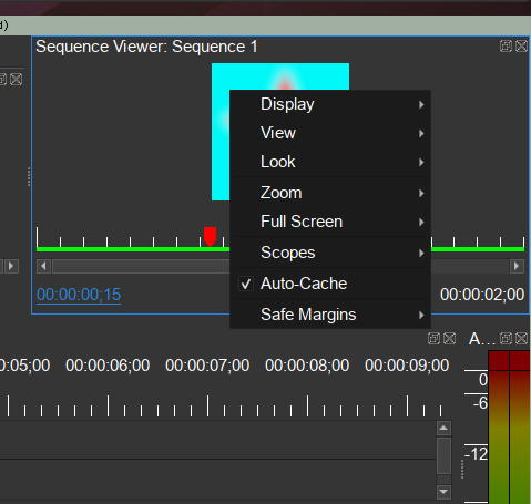 Контекстное меню Sequence Viewer Olive 0.2 с параметрами Display, View и Look