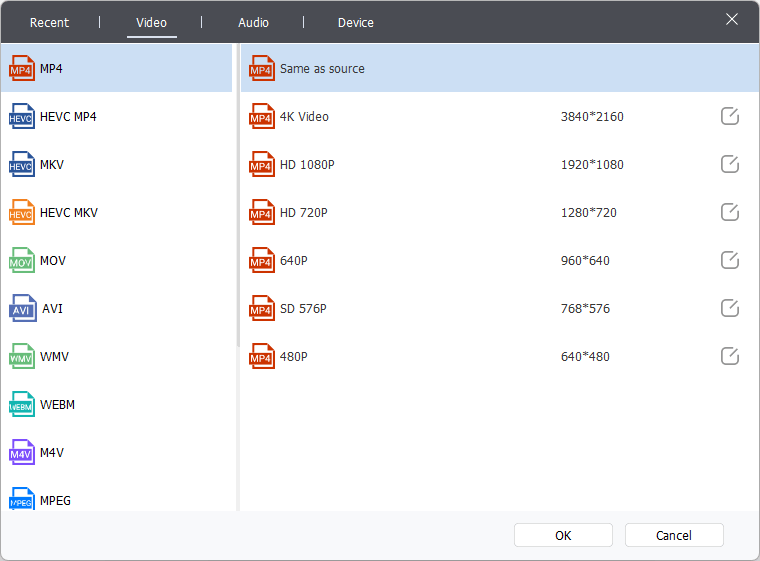 Выбор формата и профиля разрешения в Wise Video Converter