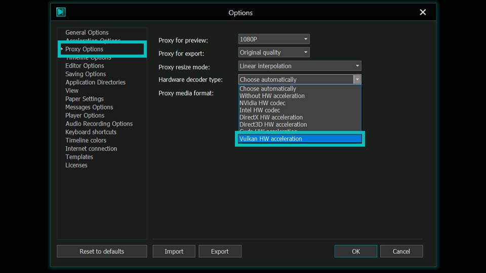 Proxy Options в VSDC 11.2 с Vulkan HW acceleration