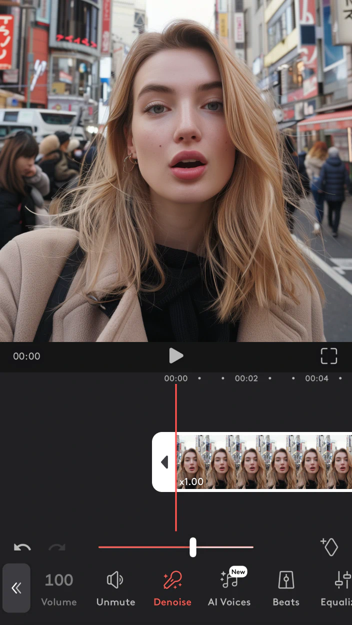 Инструмент Denoise в аудиопанели Videoleap на iOS