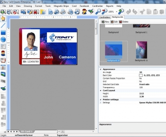 Главное окно Easy Card Creator Enterprise с макетом ID-карты и панелью фонов