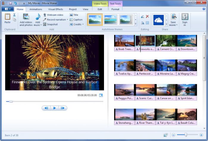 Windows Movie Maker 2012 с загруженными клипами, титром и раскадровкой