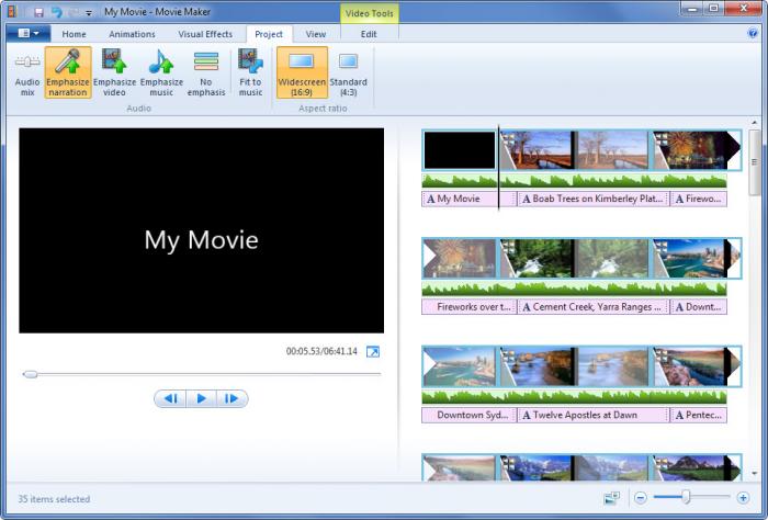 Вкладка Project в Movie Maker 2012 с настройками звука и соотношения сторон