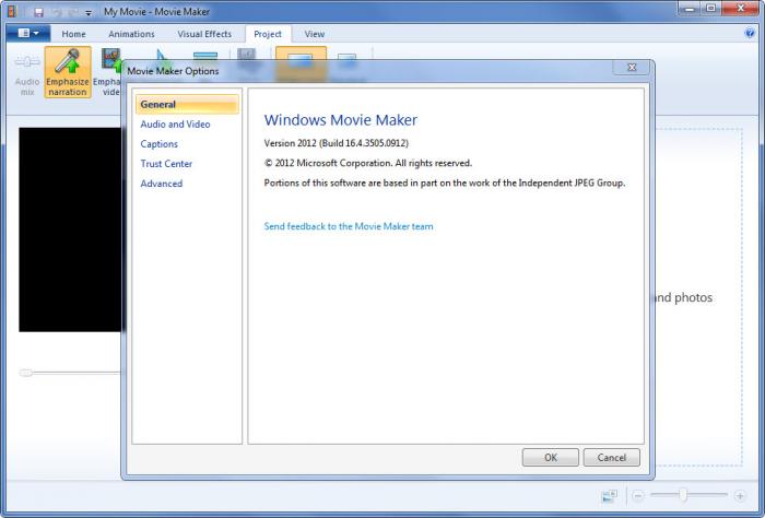 Окно Movie Maker Options с номером версии Windows Movie Maker 2012