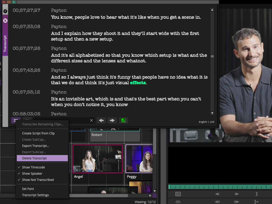 Transcript Tool в Avid Media Composer с таймкодами, именами говорящих и текстом интервью
