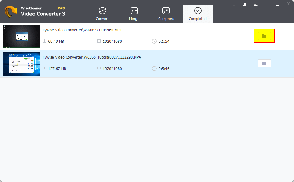 Раздел Completed в Wise Video Converter со списком обработанных файлов
