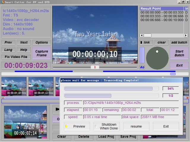 Окно мониторинга транскодирования Smart Cutter for DV and DVB