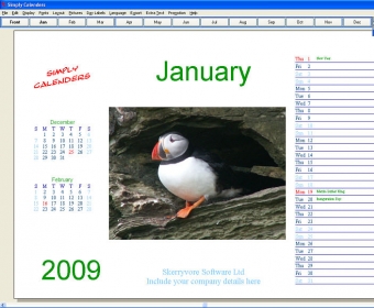 Главное окно Simply Calenders с предпросмотром месячного календаря и фотографией