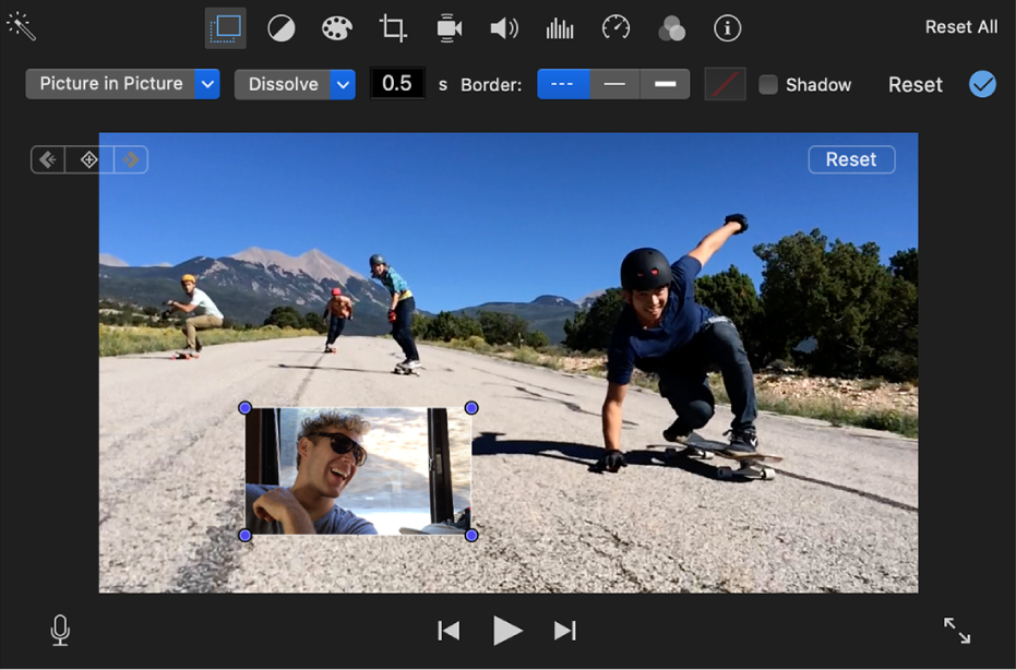 Настройка Picture in Picture в iMovie на Mac: дополнительное окно видео, рамка выделения и параметры появления