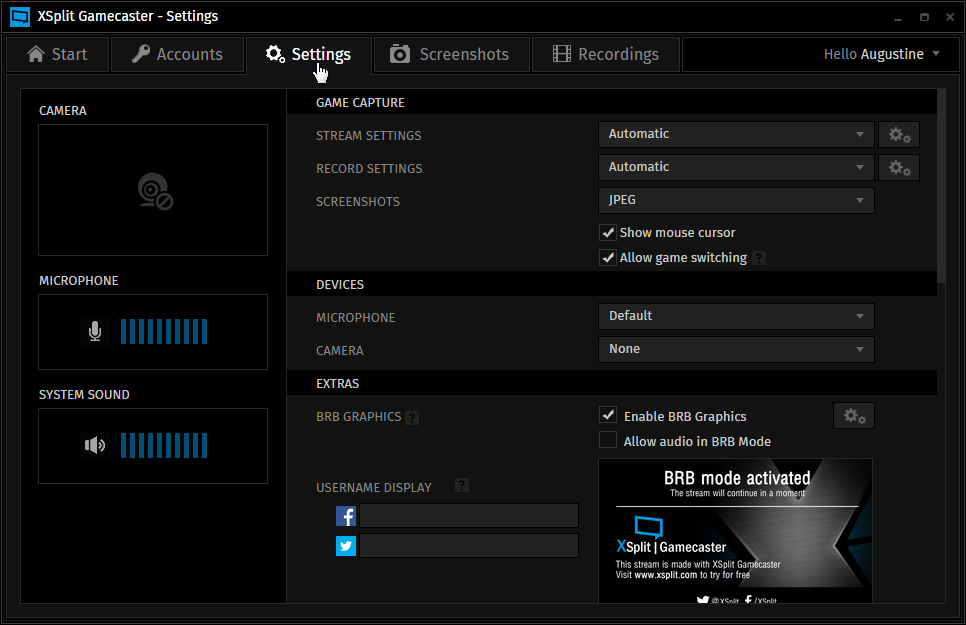 Окно настроек XSplit Gamecaster раннего поколения со Stream Settings, Record Settings, микрофоном, камерой и BRB Graphics