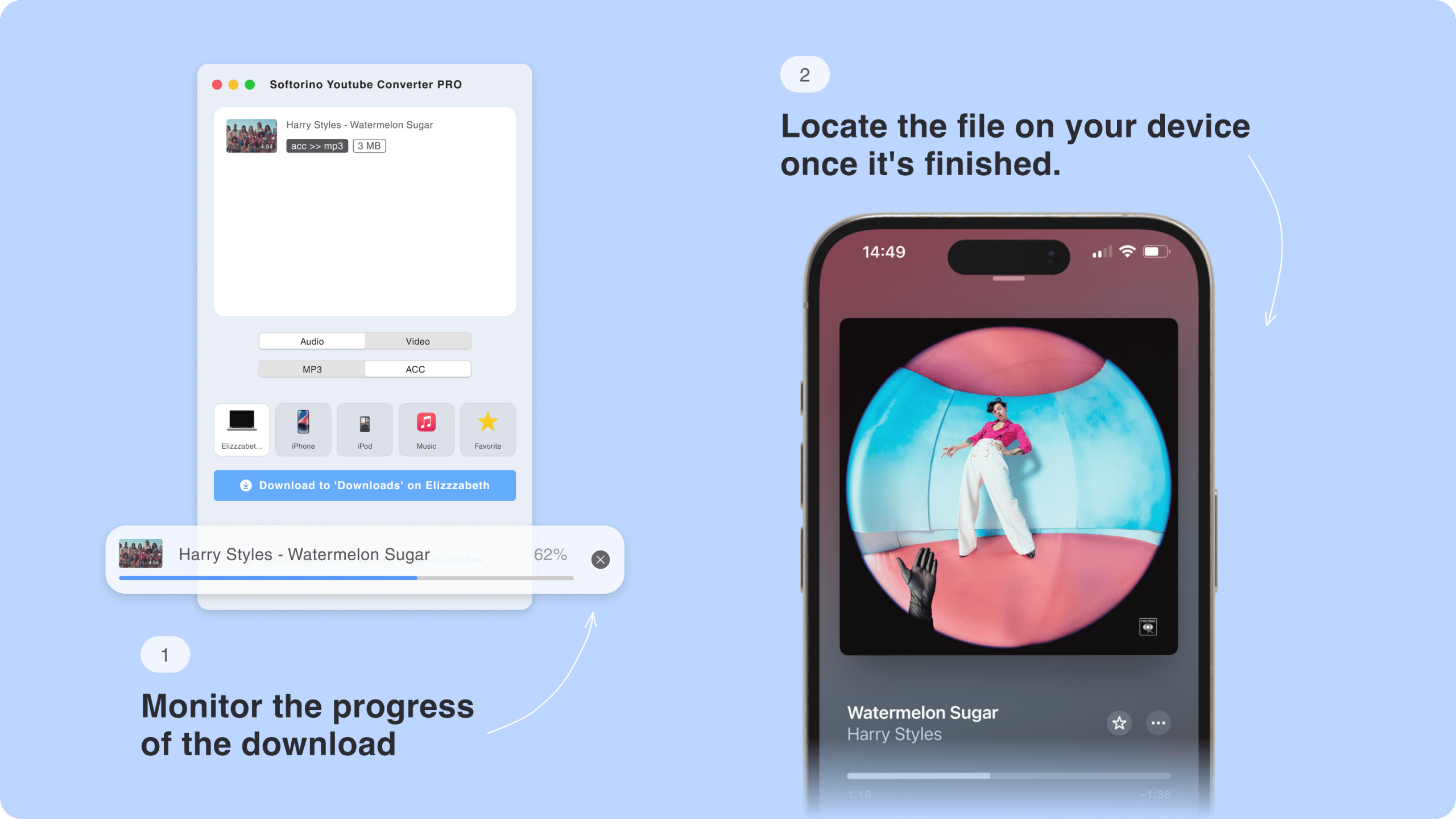 SYC PRO показывает прогресс загрузки и результат в музыкальной библиотеке iPhone