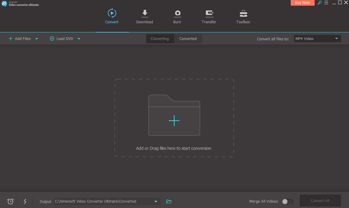 Главное окно Aimersoft Video Converter Ultimate 11.5 с разделами Convert, Download, Burn, Transfer и Toolbox