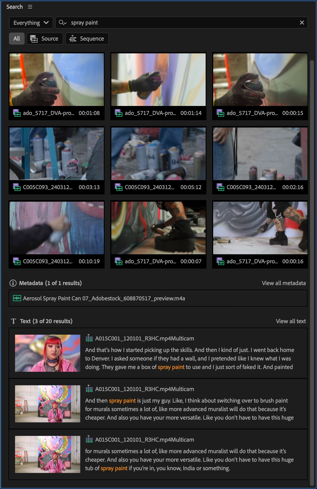 Панель Search в Adobe Premiere с результатами поиска по визуальному содержимому, тексту расшифровки и метаданным