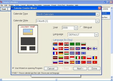 Calendar Creation Wizard в Simply Calenders с выбором типа, стиля, года и языка