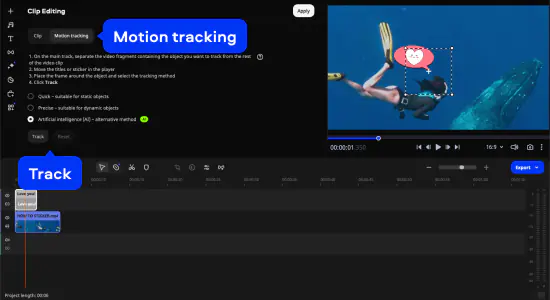 Motion tracking в Movavi Video Editor с рамкой отслеживания объекта