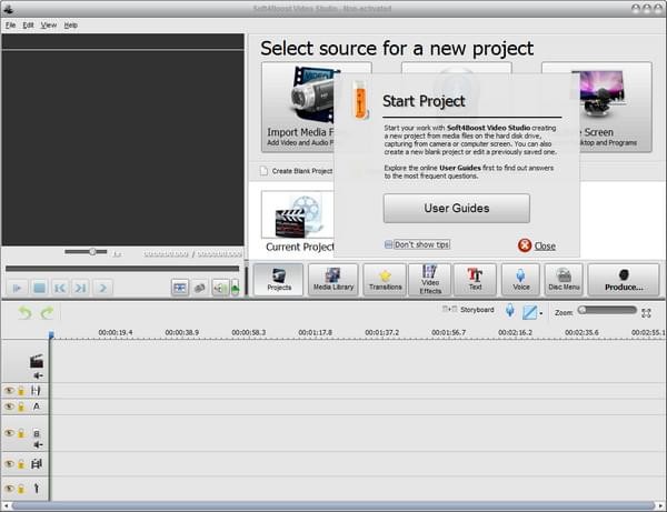 Soft4Boost Video Studio с панелью Projects, Media Library, Transitions, Video Effects, Text, Voice, Disc Menu и Produce