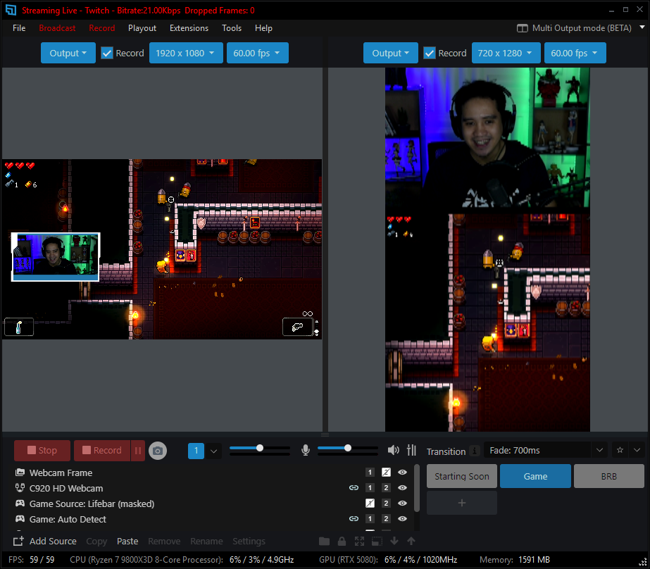 Обновлённый интерфейс XSplit Broadcaster в 2026 году с кнопками Stream и Record, сценами и списком источников