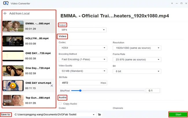 Окно Video Converter в DVDFab Toolkit с настройками MP4, H.264, разрешения и аудио