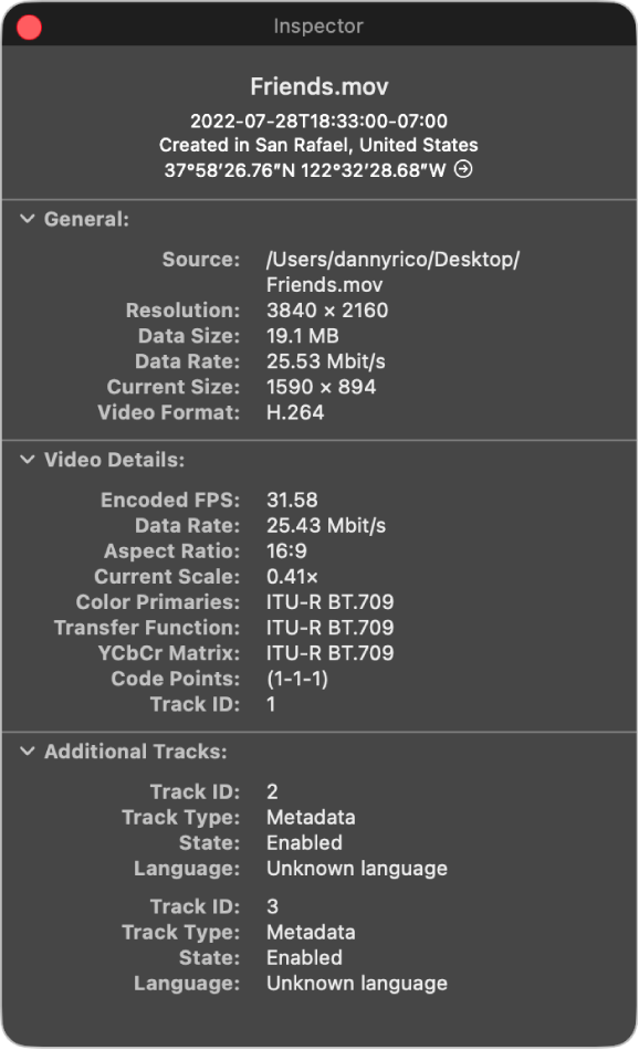 Инспектор QuickTime Player с данными о разрешении, кодеке, частоте кадров и битрейте