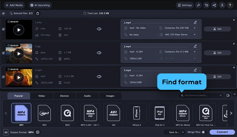 Очередь Movavi Video Converter и панель выбора формата