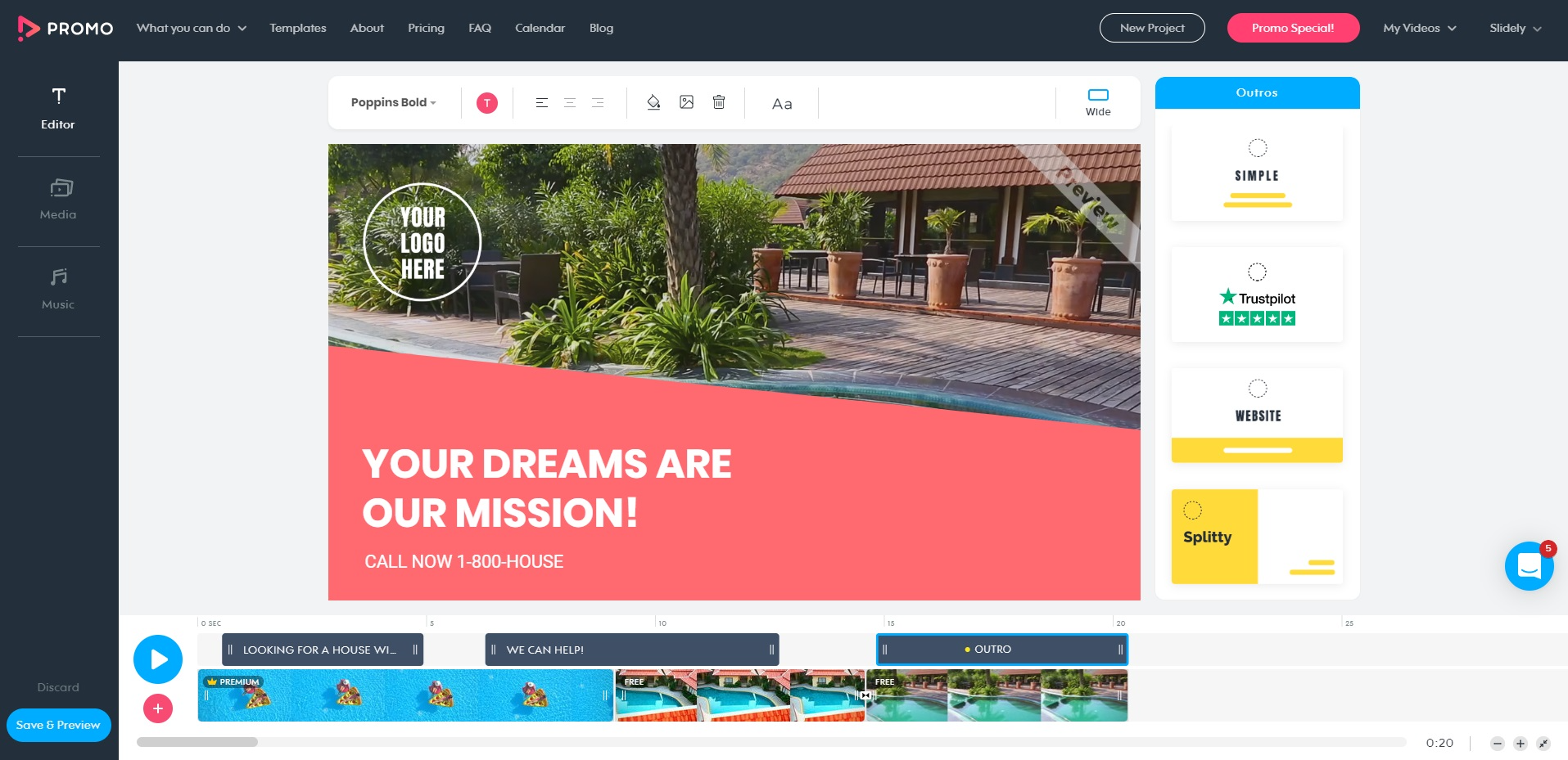 Классический редактор Promo.com с холстом, текстом, панелью Outro и монтажной лентой