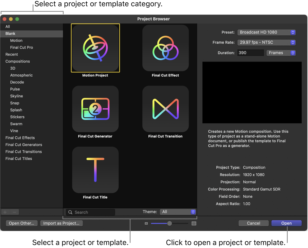 Project Browser в Apple Motion с типами Motion Project и шаблонами Final Cut Pro