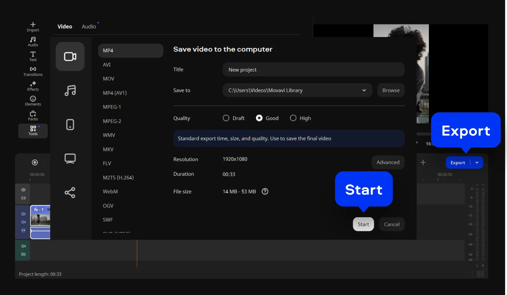 Окно Export Movavi Video Editor с выбором MP4, AVI, MOV и других форматов