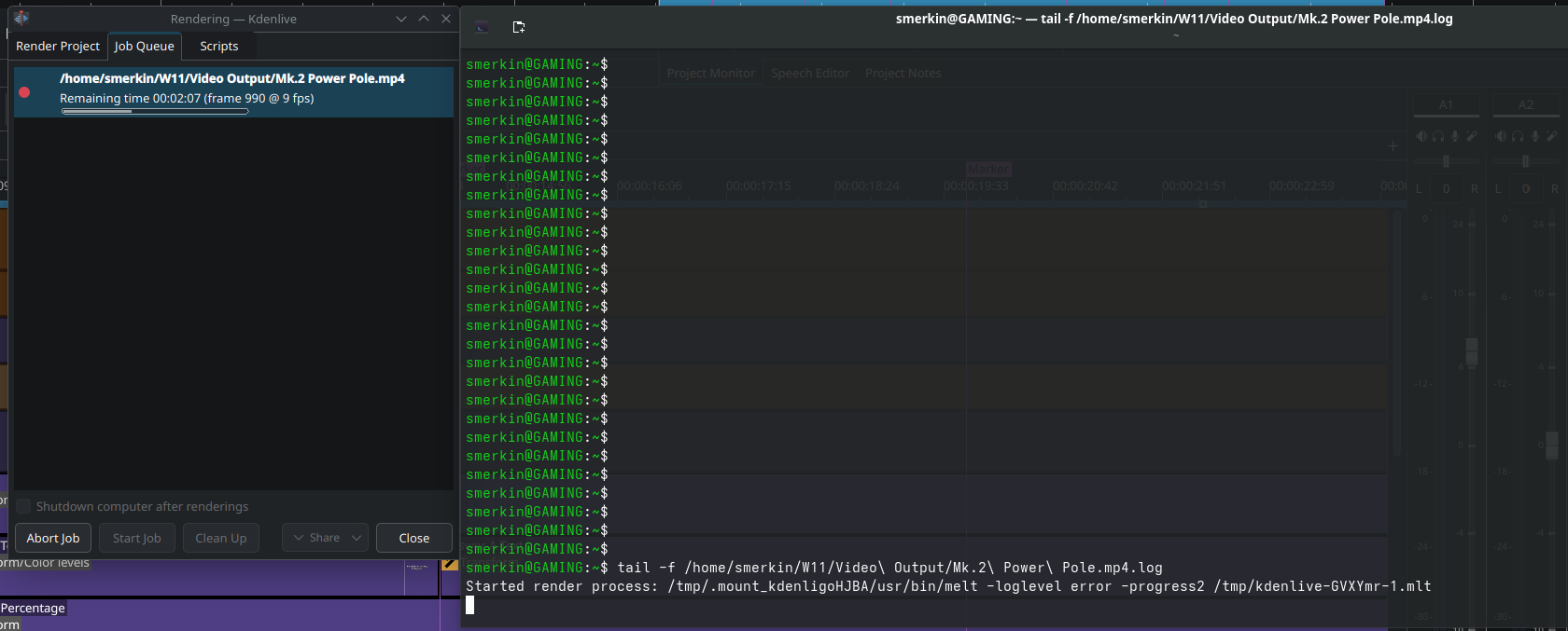 Очередь рендеринга Kdenlive слева и терминал Linux с журналом запуска melt в режиме progress2 справа