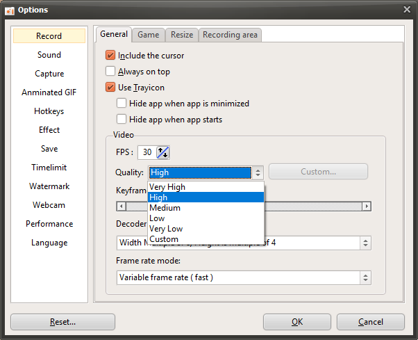 Окно Options oCam с параметрами FPS качества и режима частоты кадров