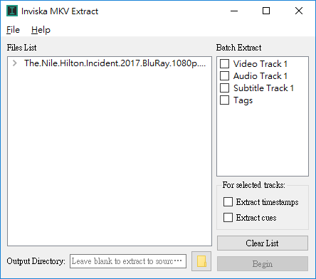 Свёрнутый MKV в списке Inviska MKV Extract и ещё не отмеченные позиции Batch Extract