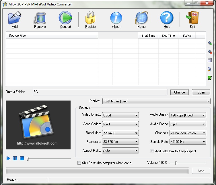 Панель параметров Allok 3GP PSP MP4 iPod Video Converter с настройками XviD, разрешения, частоты кадров и MP3-аудио