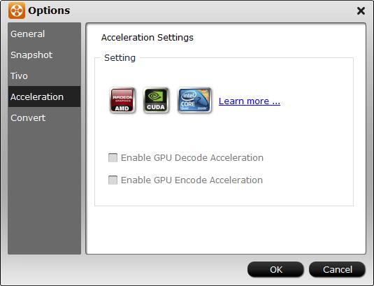 Раздел Acceleration в DumboFab Video Converter с настройками GPU Decode и GPU Encode