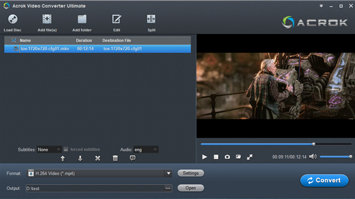 Главное окно Acrok Video Converter Ultimate с командами загрузки диска, выбором формата и кнопкой Convert