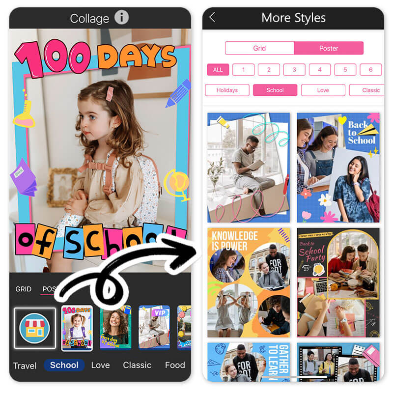 Редактор коллажей YouCam Perfect с категориями Grid и Poster