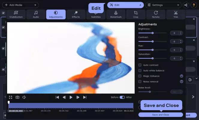 Панель Edit в Movavi Video Converter с инструментами коррекции, субтитров, кадрирования и обрезки