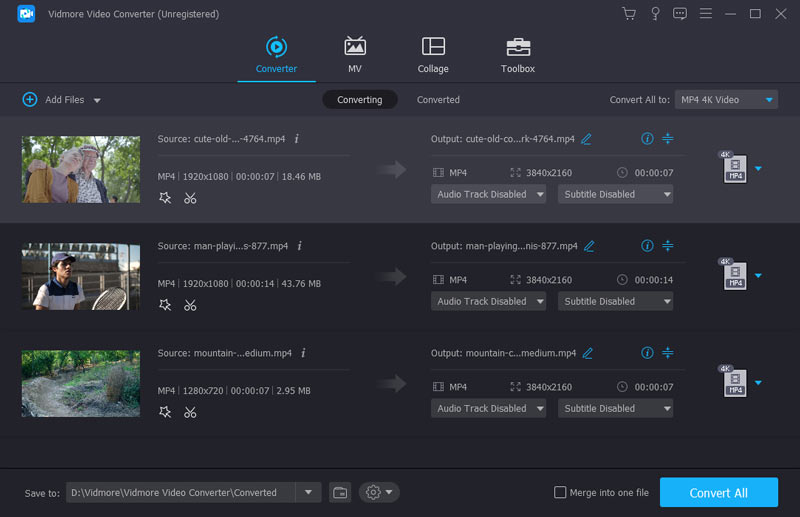 Окно Converter в Vidmore Video Converter со списком добавленных роликов и кнопкой Convert All