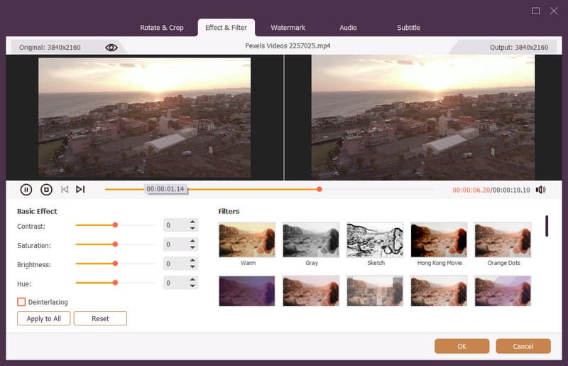 Окно Effect and Filter Apeaksoft Video Converter Ultimate с сравнением исходного и обработанного видео
