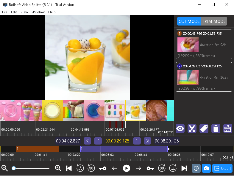 Boilsoft Video Splitter с открытым видео, временной шкалой, списком сегментов и режимами Cut Mode и Trim Mode