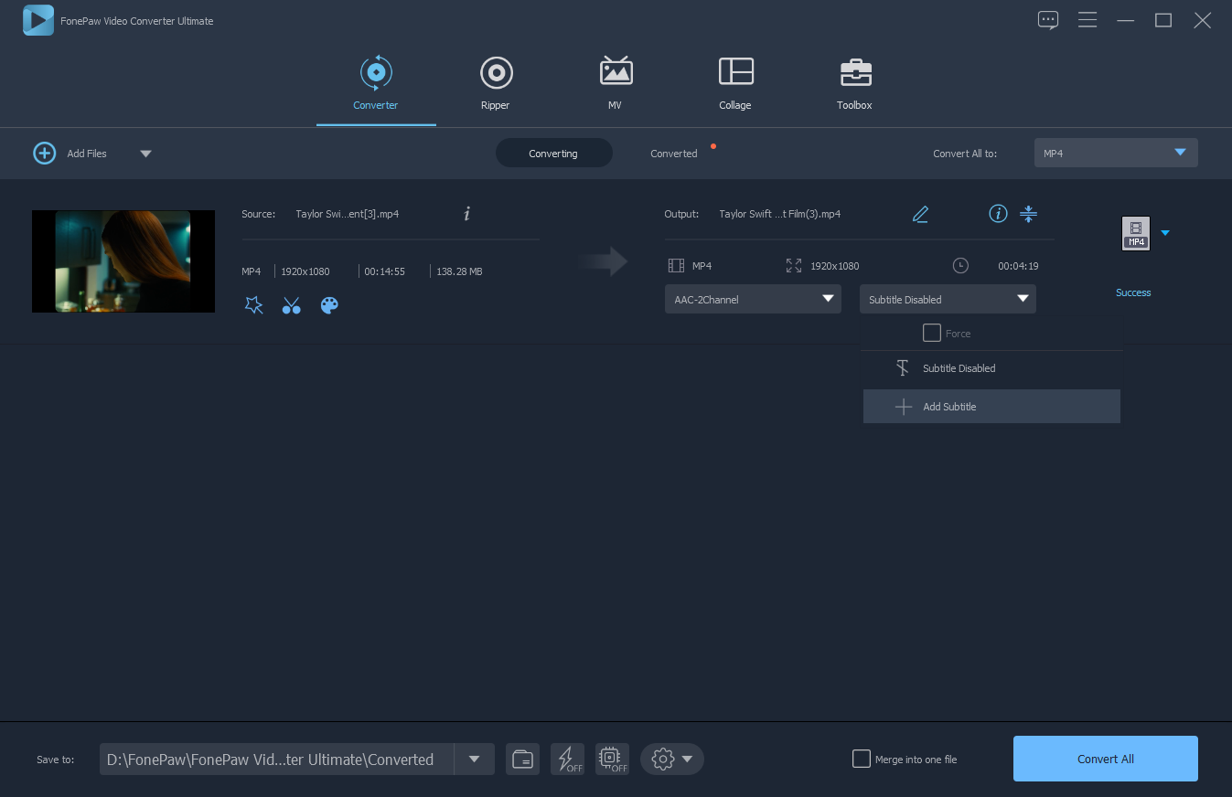 Добавление субтитров в FonePaw Video Converter Ultimate